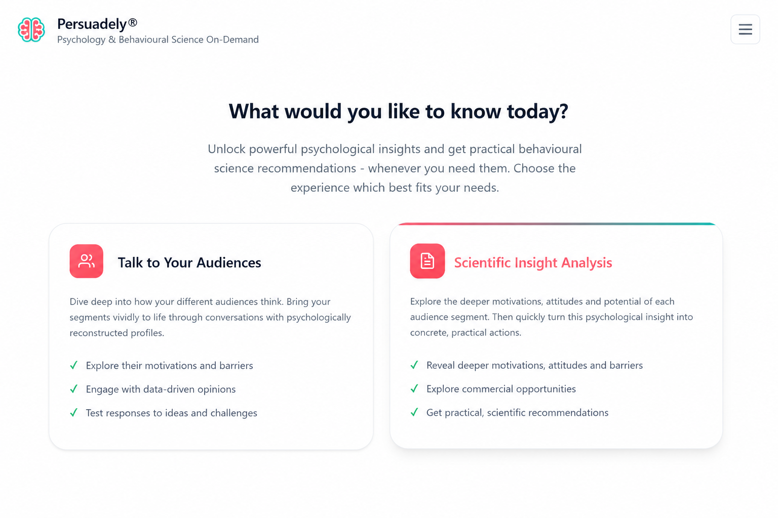 Persuadely Choose your experience screen